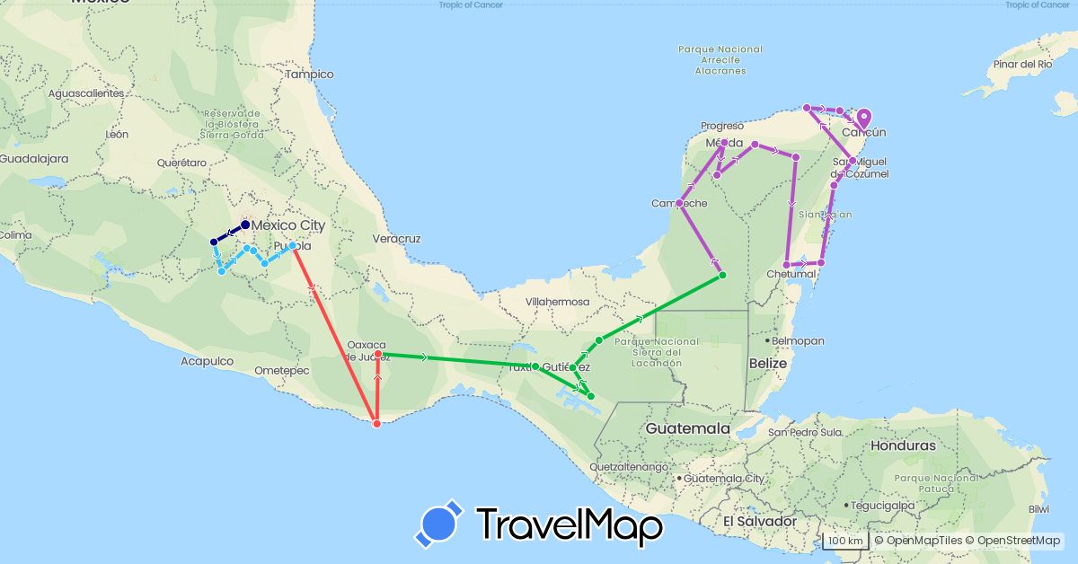 TravelMap itinerary: driving, bus, train, hiking, boat in Mexico (North America)